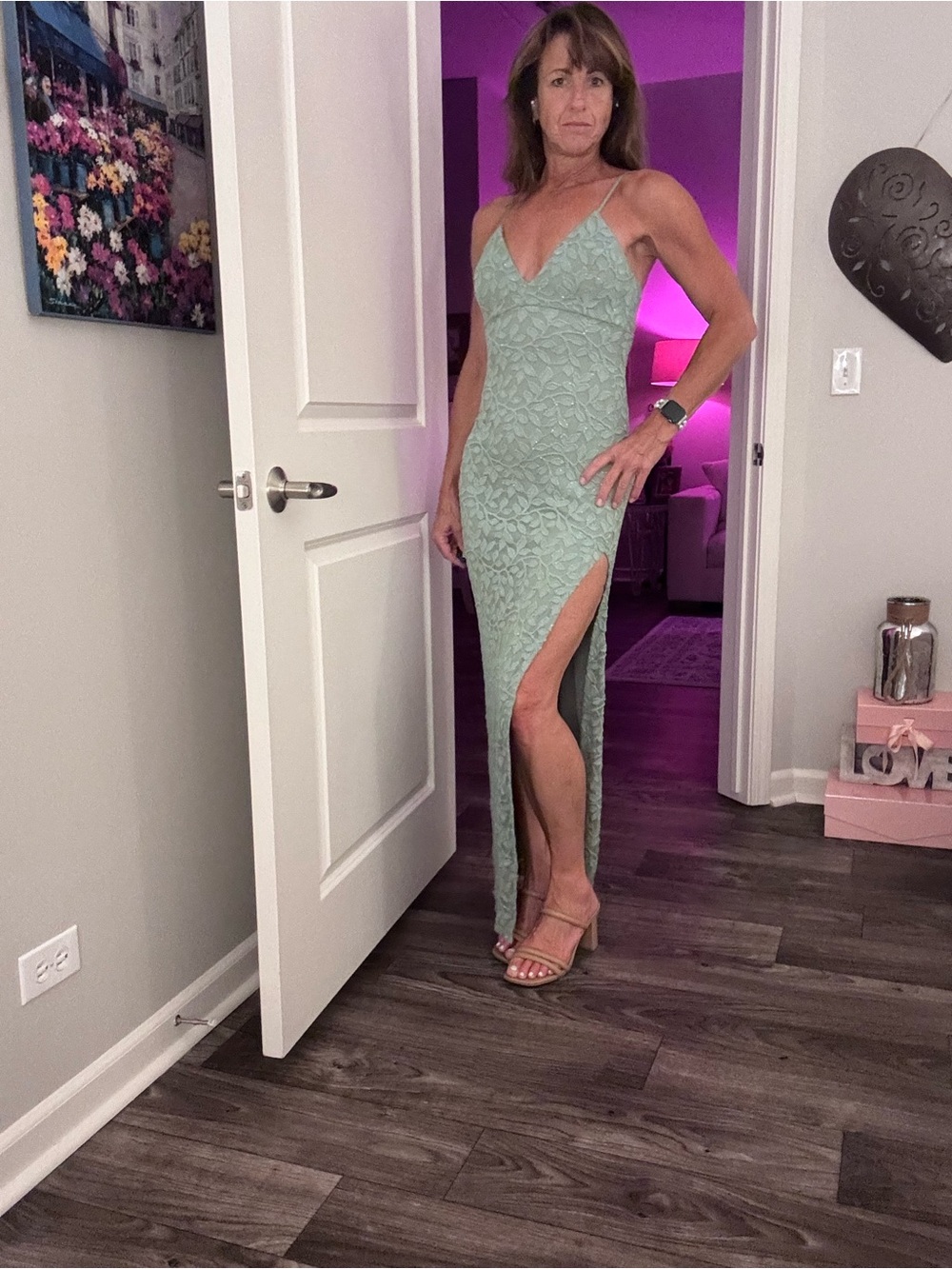 Windsor Sage Lace Spaghetti-Strap Maxi Dress with High Slit